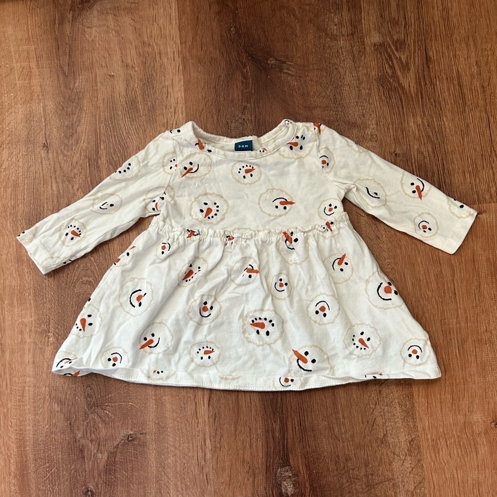 Old Navy Baby Girls White Snowman Cotton Long Sleeved Dress size 3-6 months